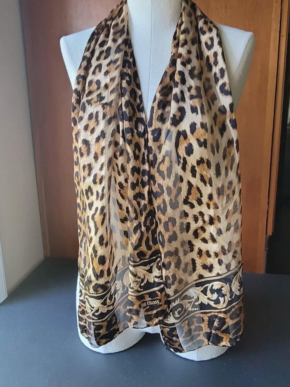 Vintage Bill Blass Silk Scarf Leopard Print Gold Black Baroque Scroll Border